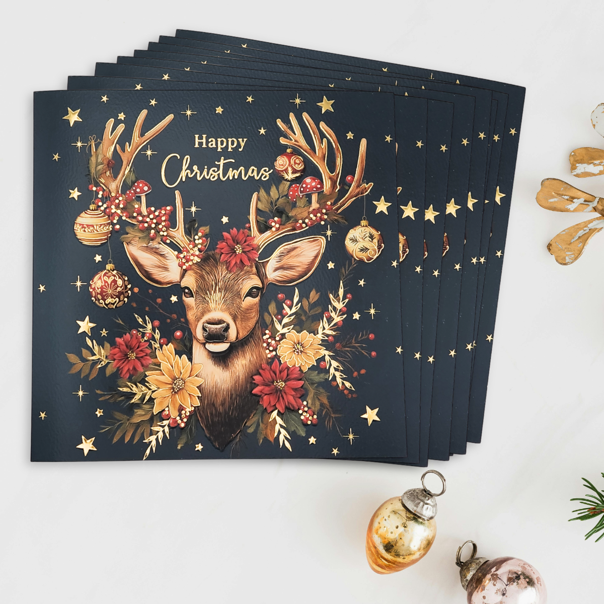 8 x Premium Christmas Cards In Box - Happy Christmas Deer