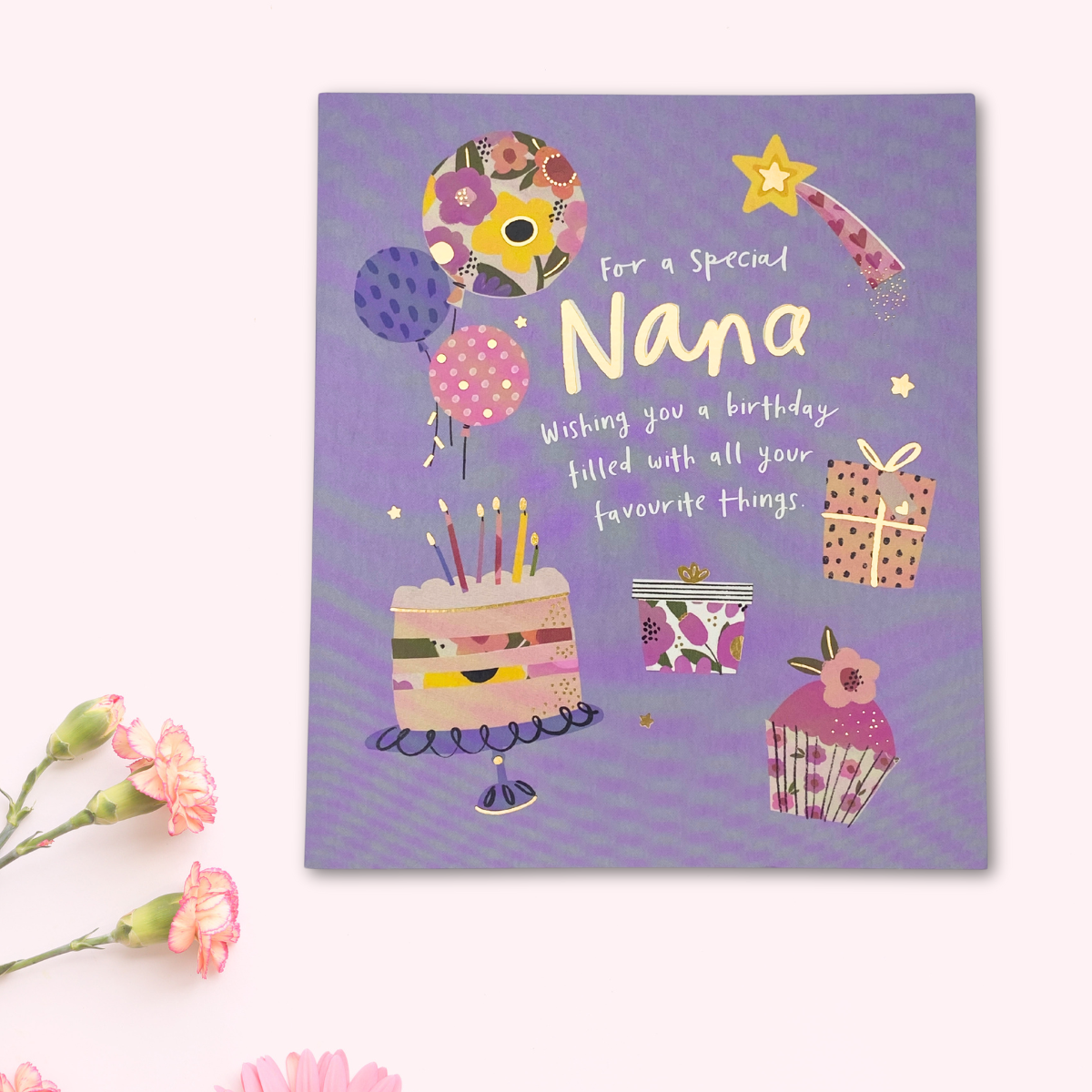 Nana Birthday Card - Cake, Gift & Balloons