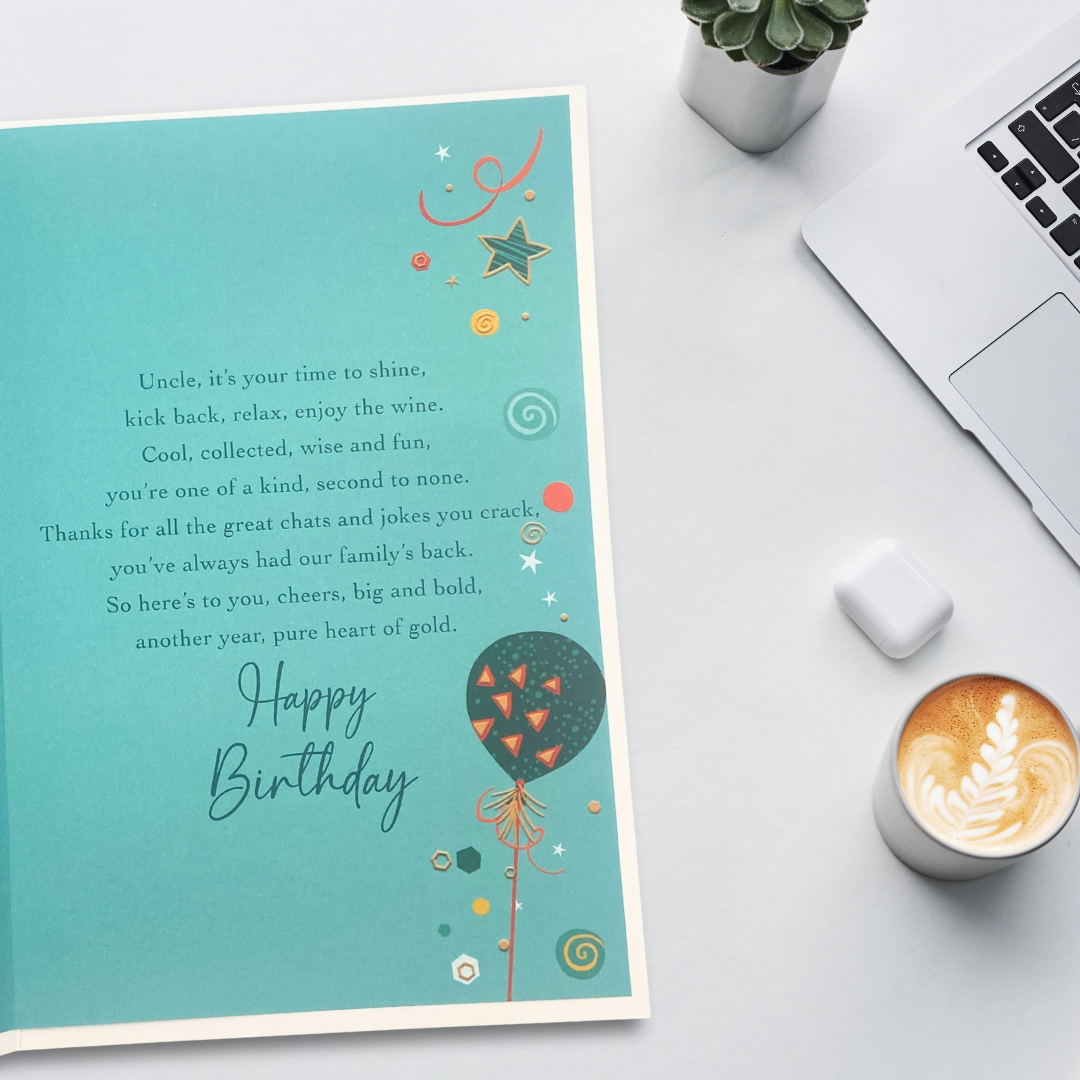 Uncle Birthday Card - Gold Star Balloons & Text