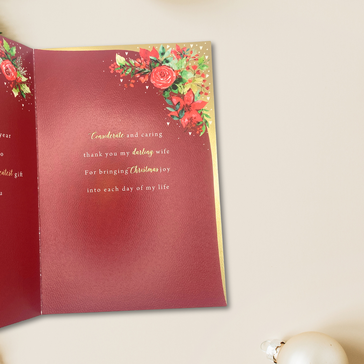 Wife Christmas Card - Gold Ribbon Floral Wreath