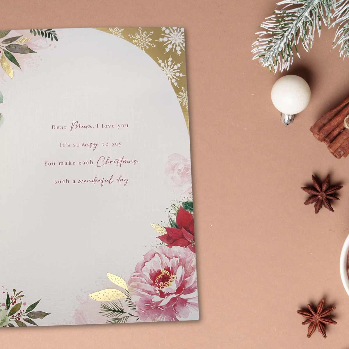 Mum Christmas Card - Floral Border & Ribbon