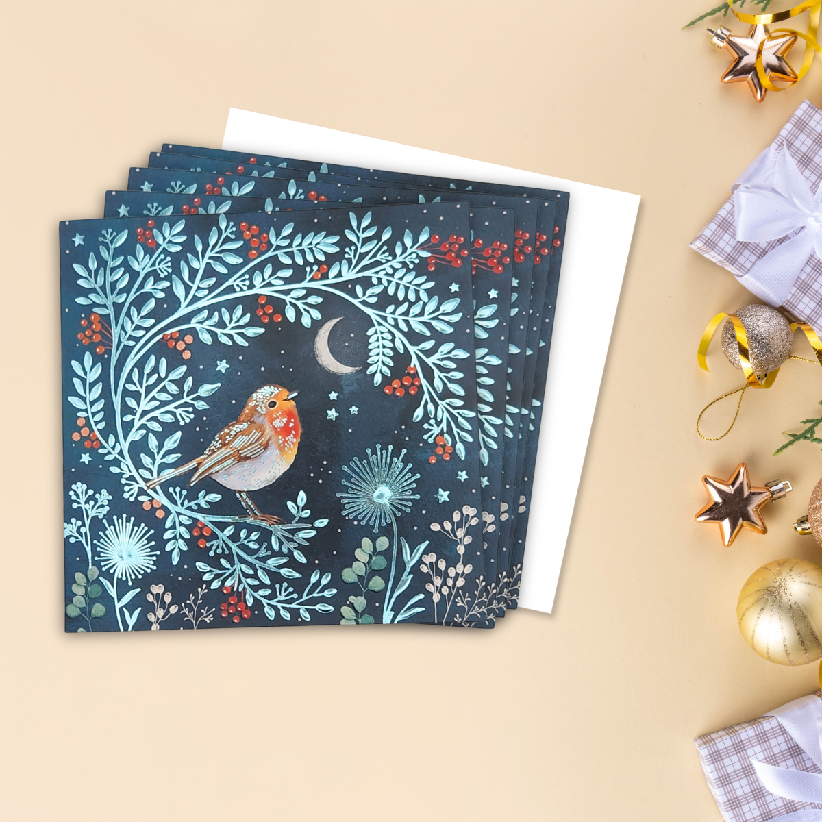 8 x Christmas Cards In Box - Robin & Moon