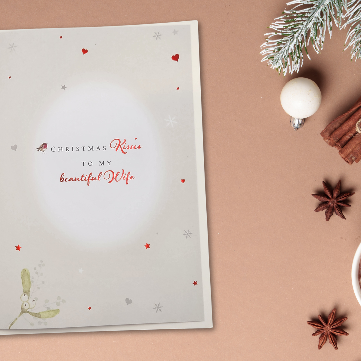 Wife Christmas Card - Red Robins & Mistletoe