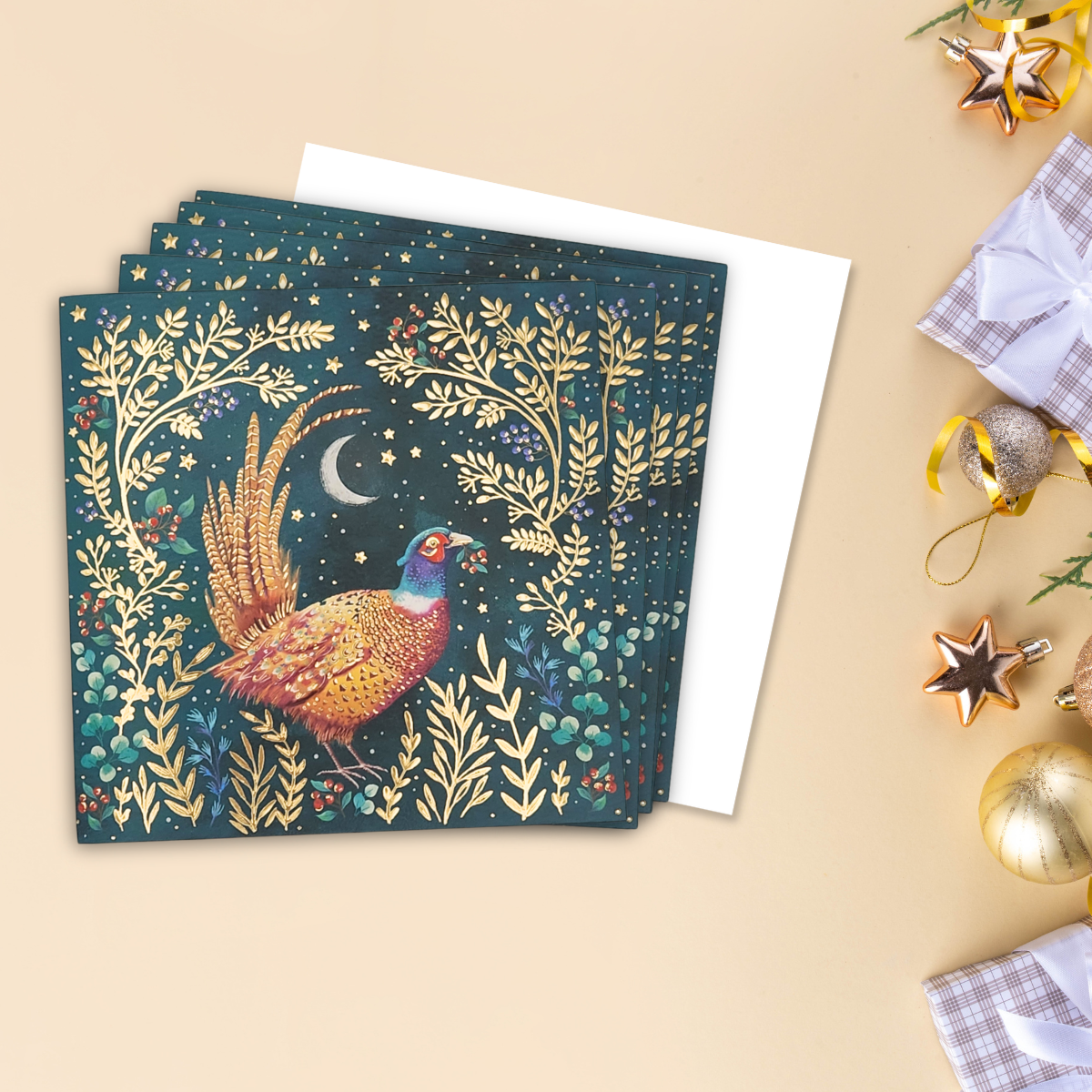 8 x Christmas Cards In Box - Pheasant & Berries
