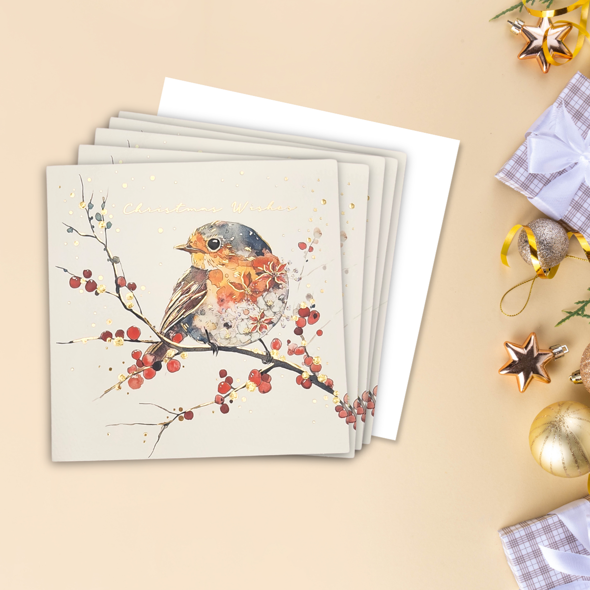 8 x Christmas Cards In Box - Robin & Berry Branch