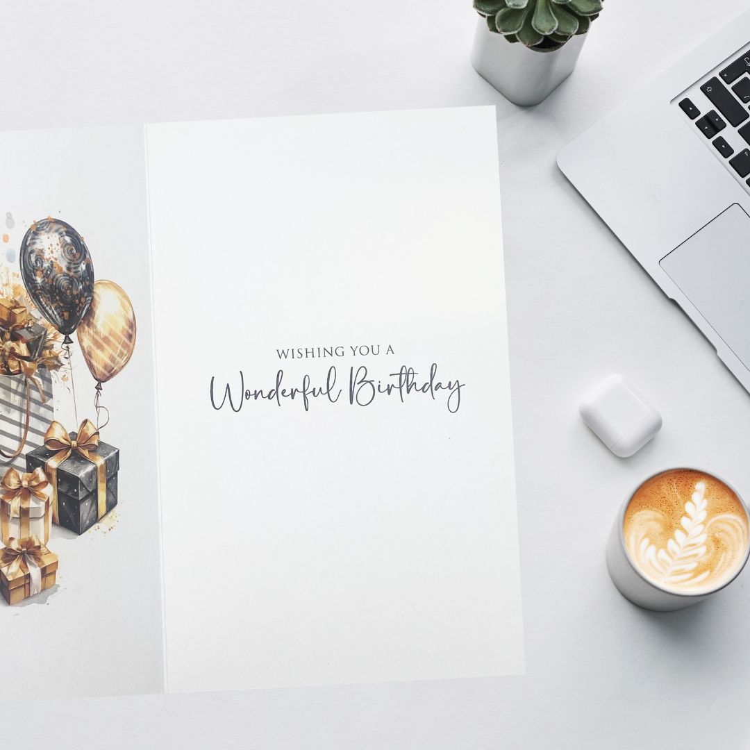 Birthday Bliss Birthday Card - Gold Gifts & Balloons