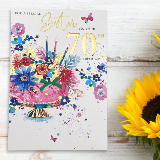 Sister 70th Birthday Card - Floral Cake