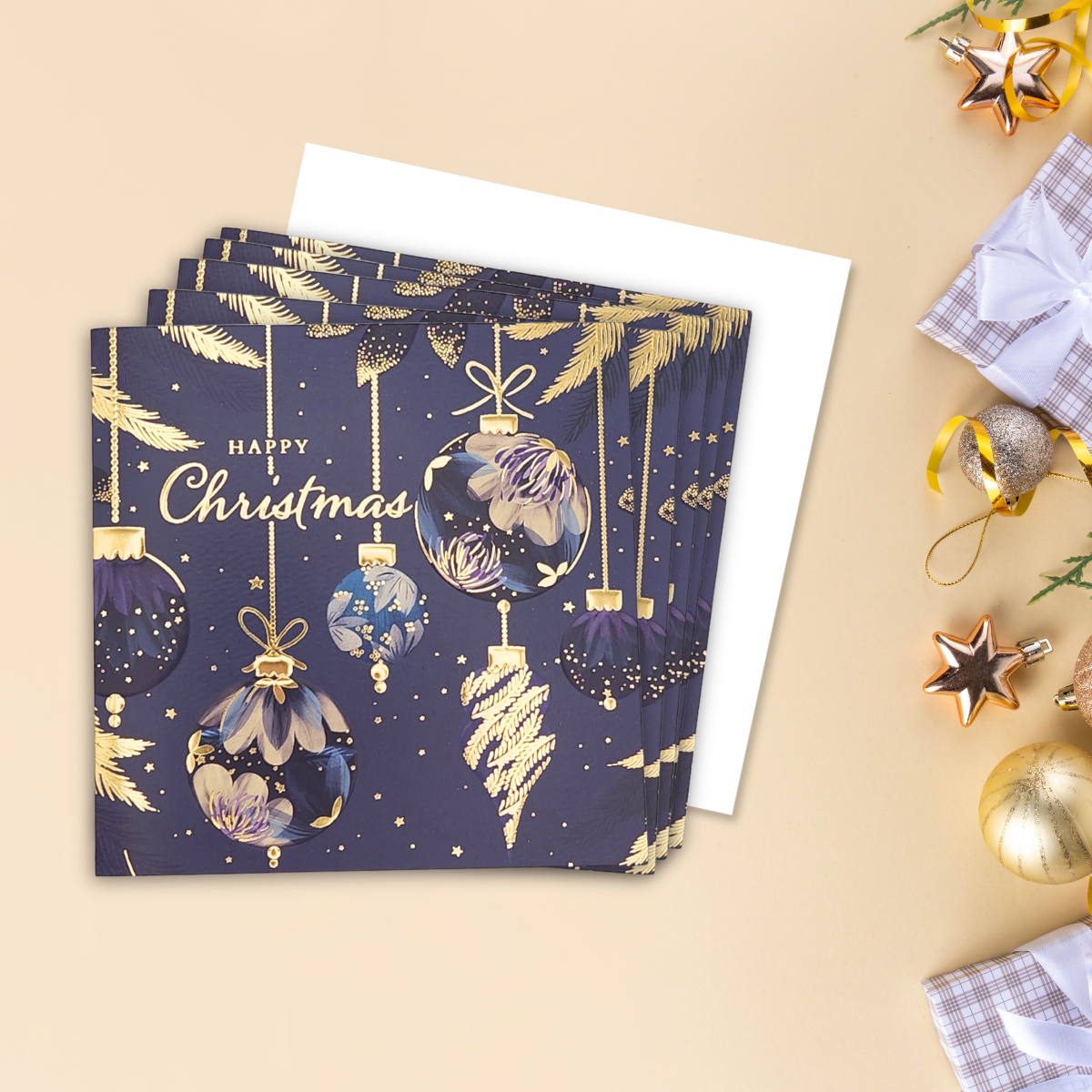 8 x Christmas Cards In Box - Floral Baubles