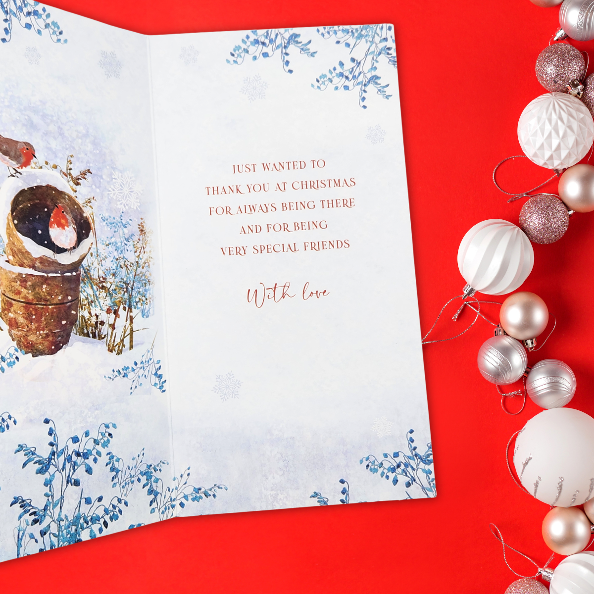 Friends Christmas Card - Pizazz Robins In Planters