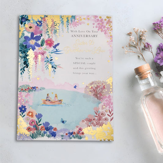 Sister & Brother-In-Law Wedding Anniversary Card - Floral Boat Trip