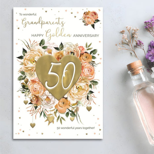 Grandparents Golden Wedding Anniversary Card - 50 Golden Heart