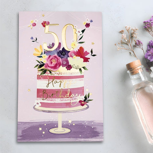 50th Birthday Card - Floral Decorated Cake