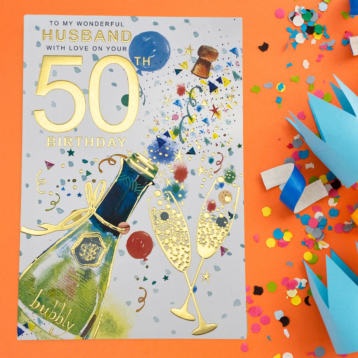 Husband 50th Birthday Card - Bubbly Confetti Pop