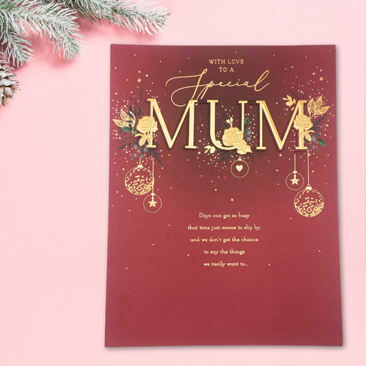 Mum Large Christmas Card - Decoupage Text & Baubles