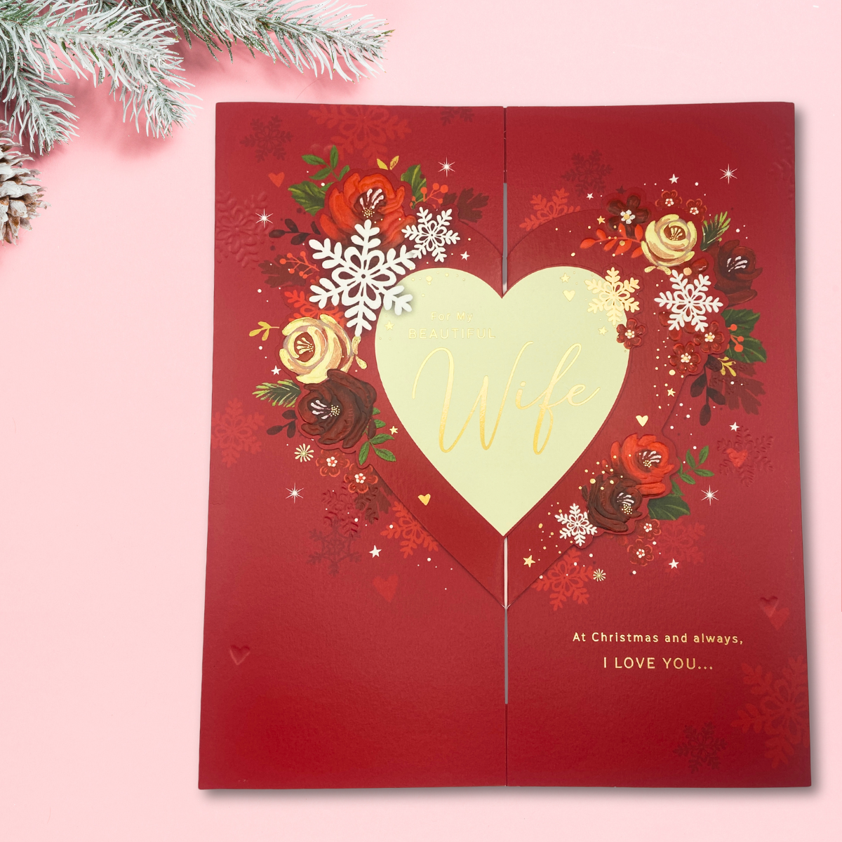 Wife Large Christmas Card - 3-Fold Hearts With Snowflakes & Foliage