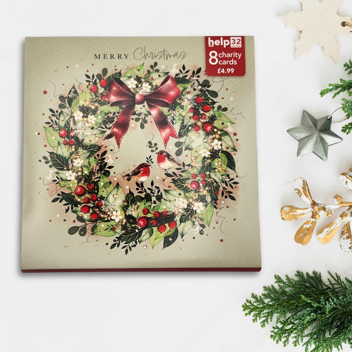 Charity Christmas Cards - 8 x Robin Wreath & Ribbon