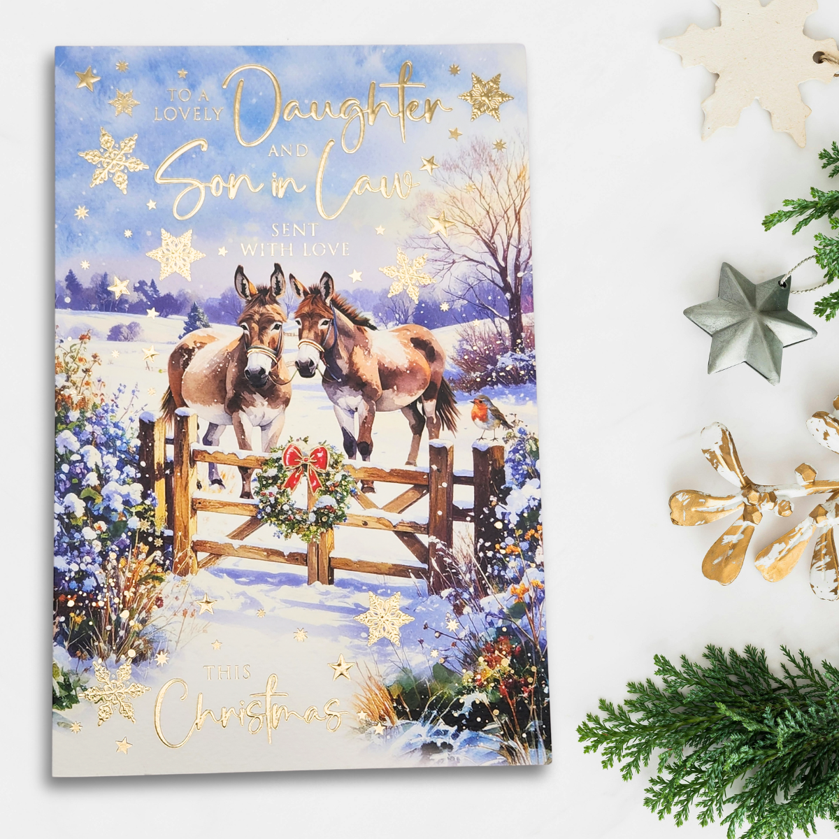 Daughter & Son-In-Law Christmas Card - Snowy Donkeys