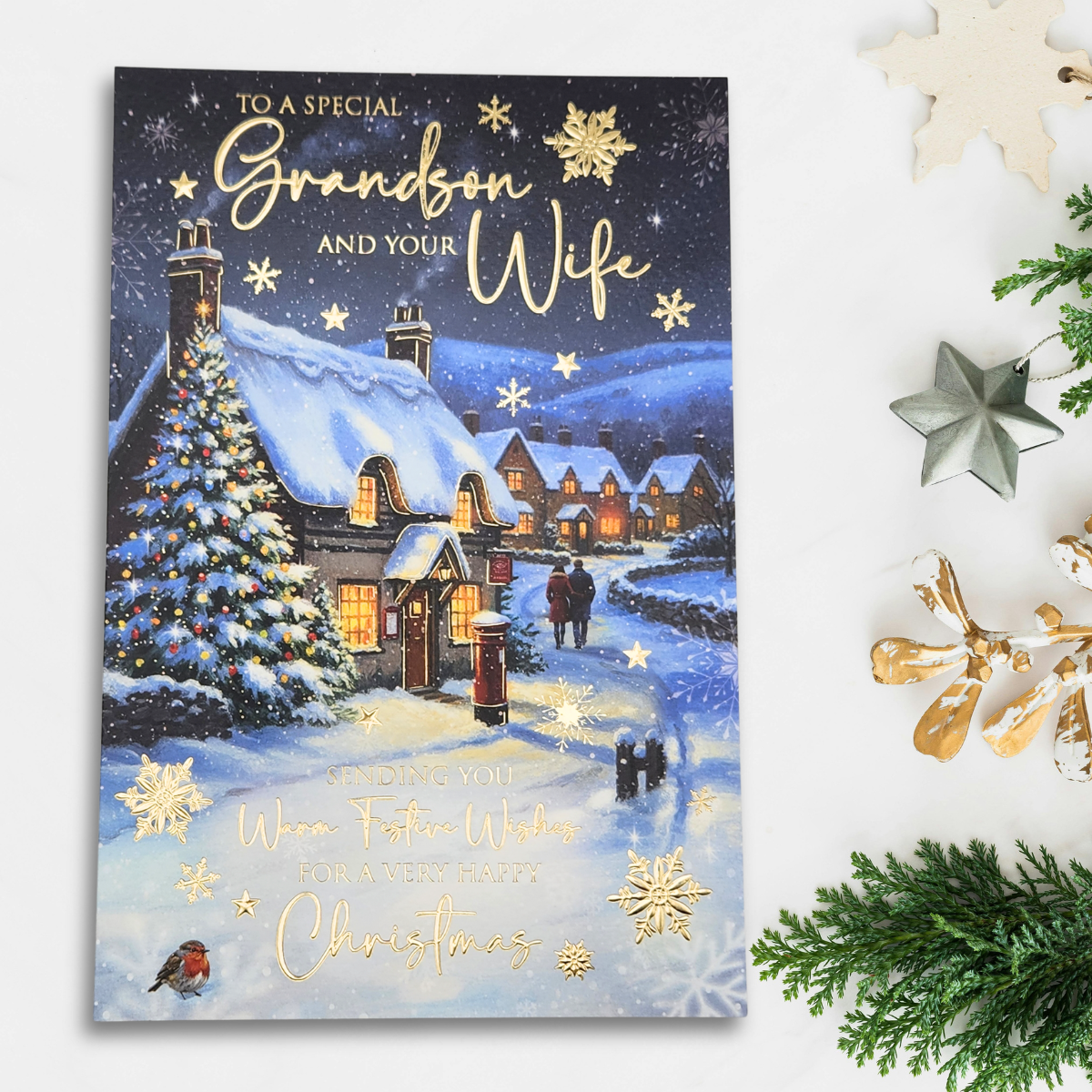 Grandson & Wife Christmas Card - Snowy Village
