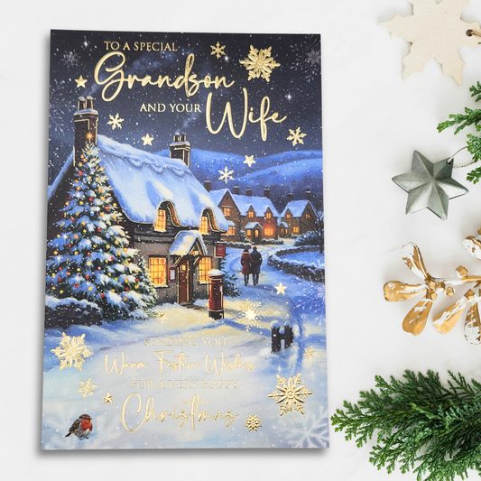 Grandson & Wife Christmas Card - Snowy Village