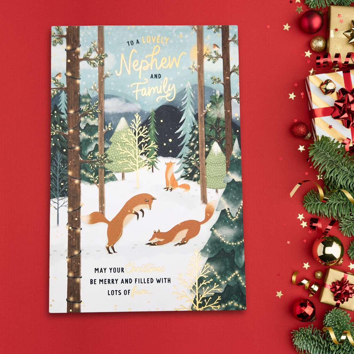 Nephew & Family Christmas Card - Wishing Well Foxes