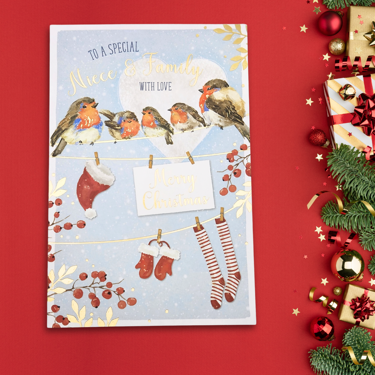 Niece & Family Christmas Card - Wishing Well Robins