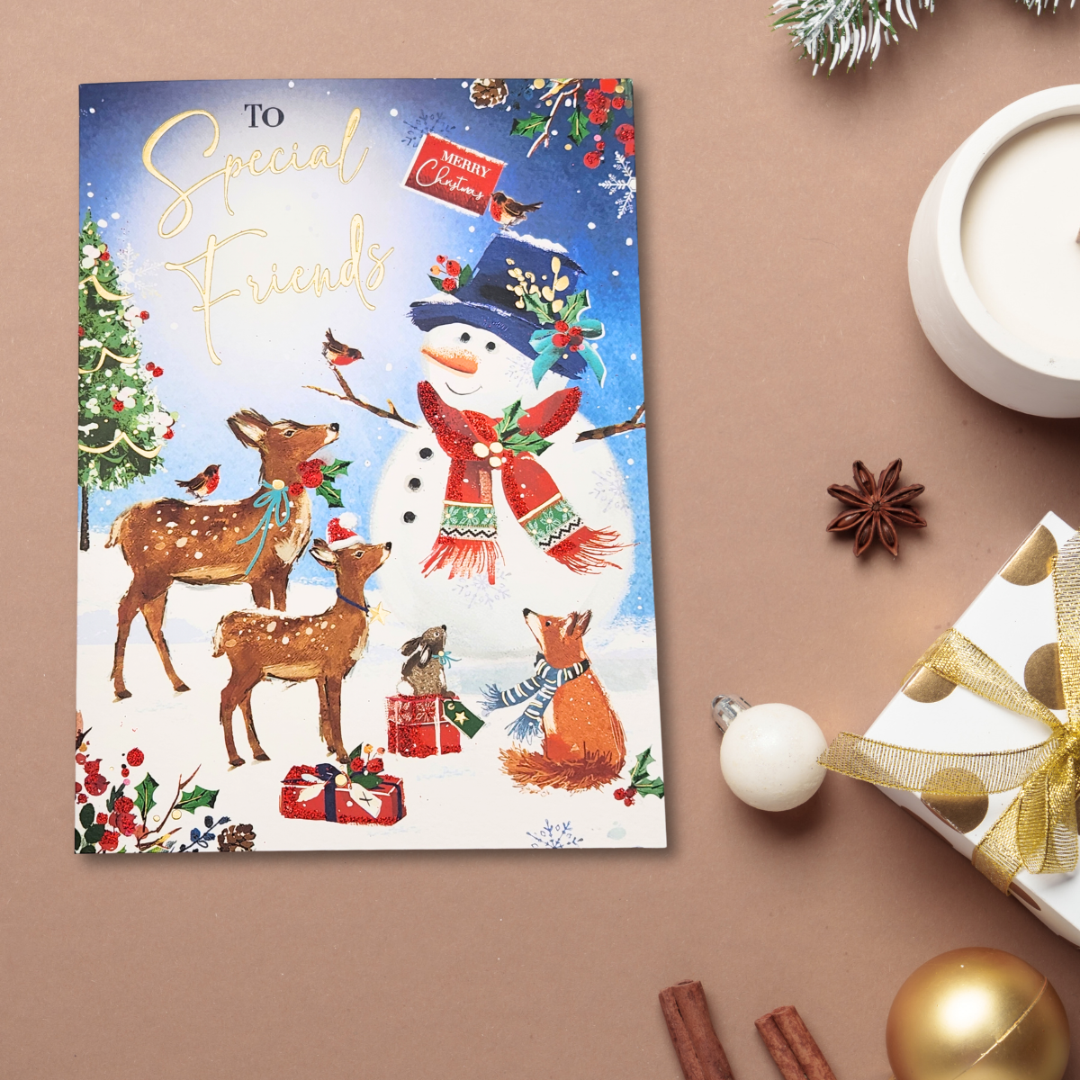 Friends Christmas Card - Merry & Bright Snowman & Deer