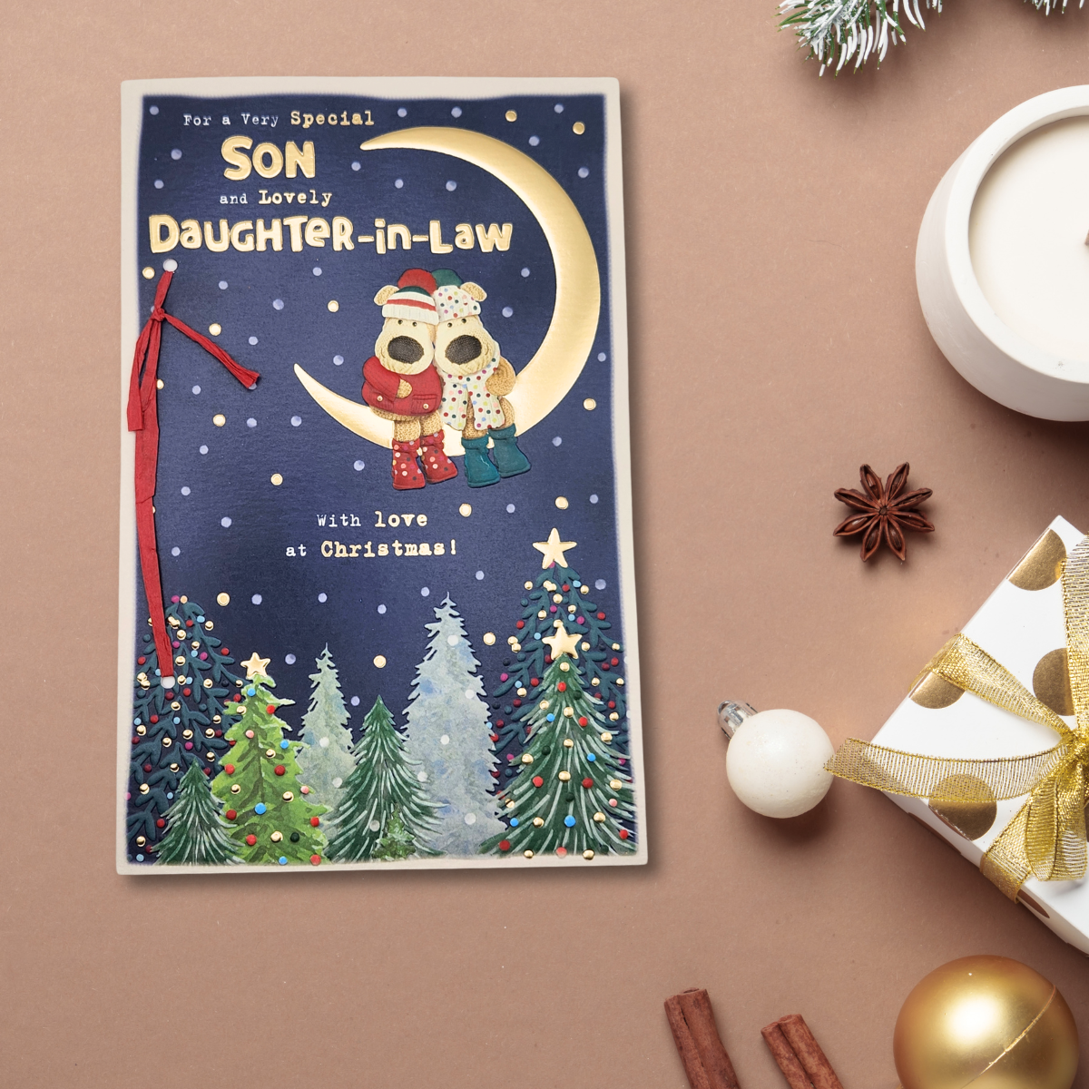 Son & Daughter-In-Law Christmas Card - Boofle Bear & Moon
