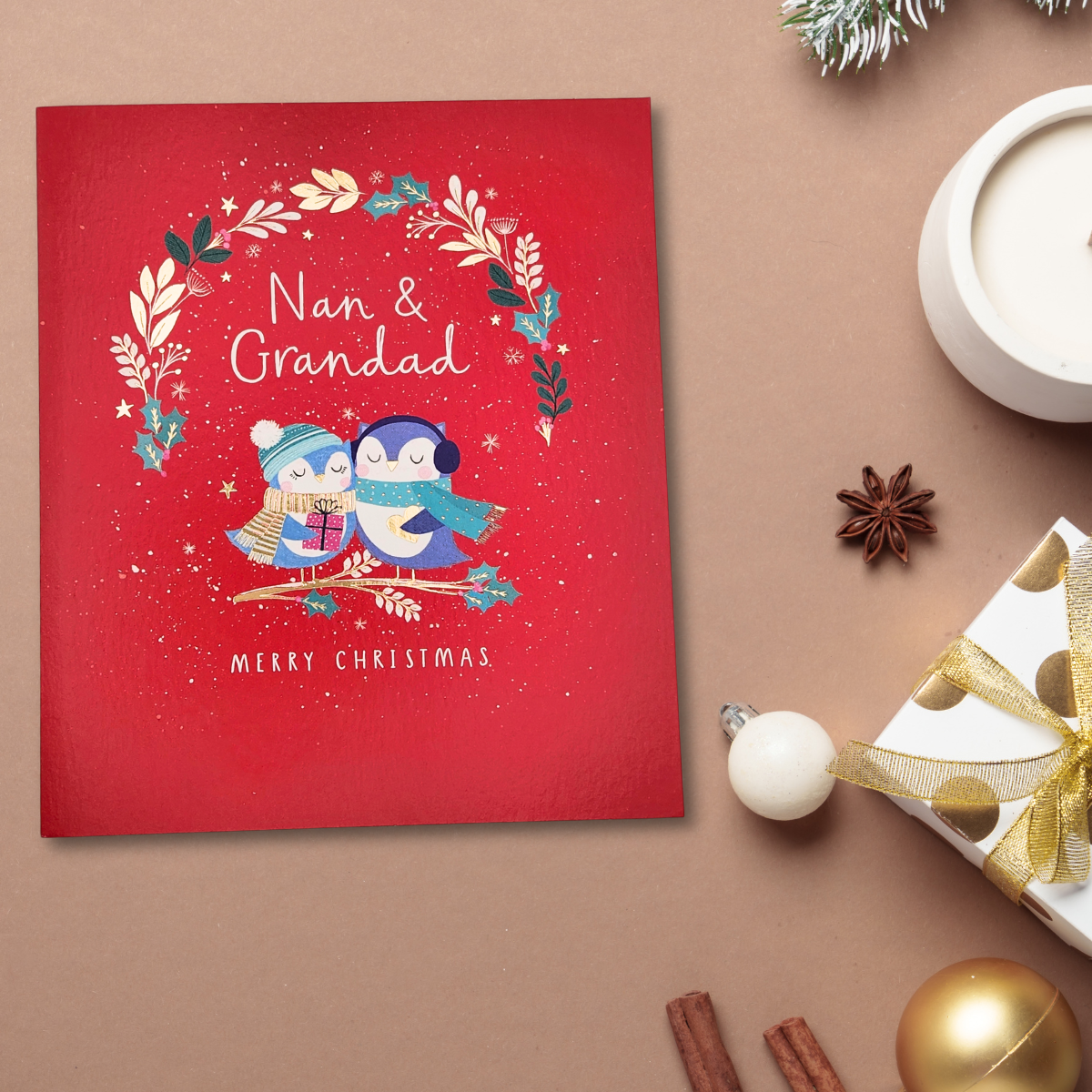 Nan & Grandad Christmas Card - Owl & Wreath
