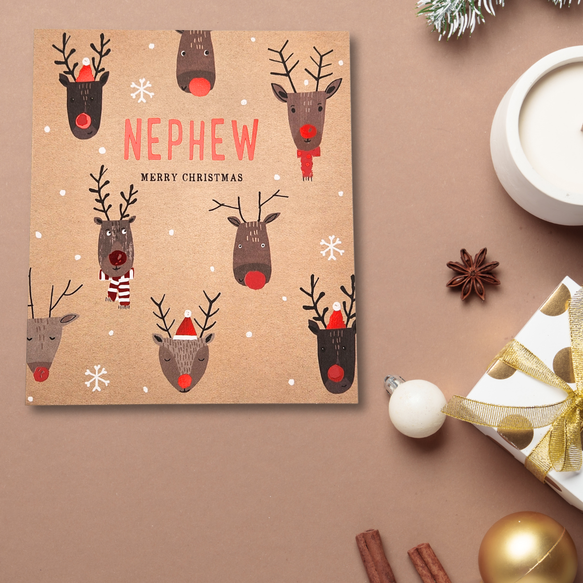 Nephew Christmas Card - Kraft Reindeers