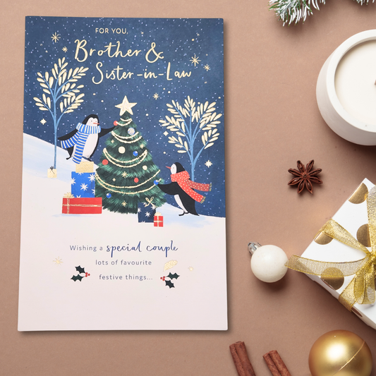 Brother & Sister-in-Law Christmas Card - Penguins Decorating The Tree