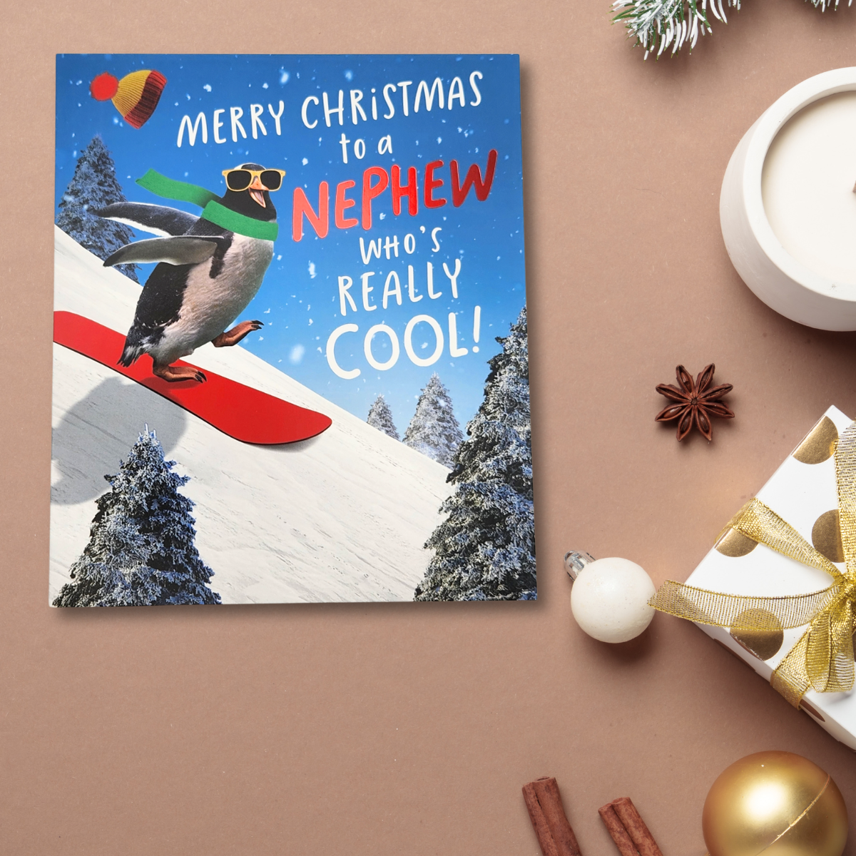 Nephew Christmas Card - Snowboarding Penguin