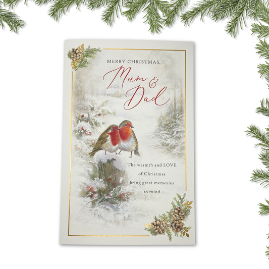 Mum & Dad Christmas Card - Traditional Robins