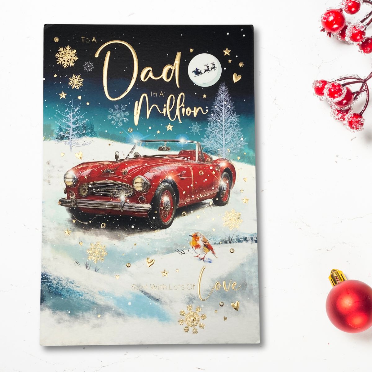 Dad Christmas Card - Red Car & Robin