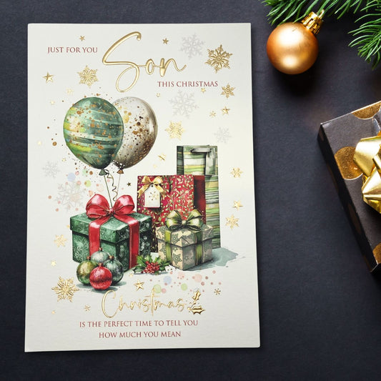 Son Large Christmas Card - Gifts & Balloons