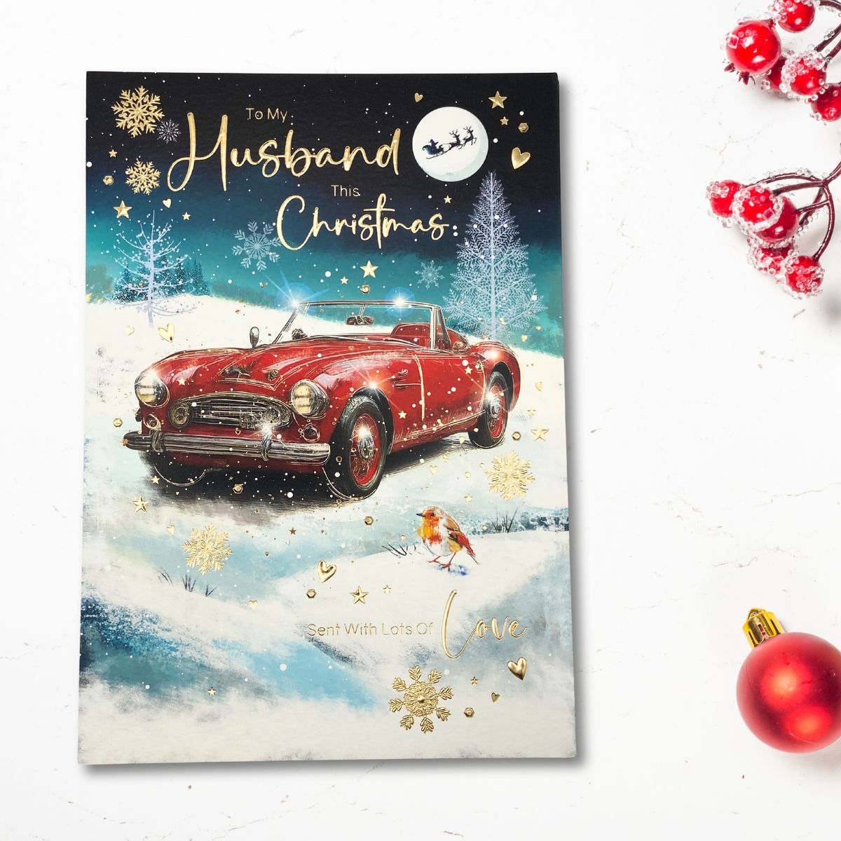 Husband Large Christmas Card - Grace Red Car & Robin