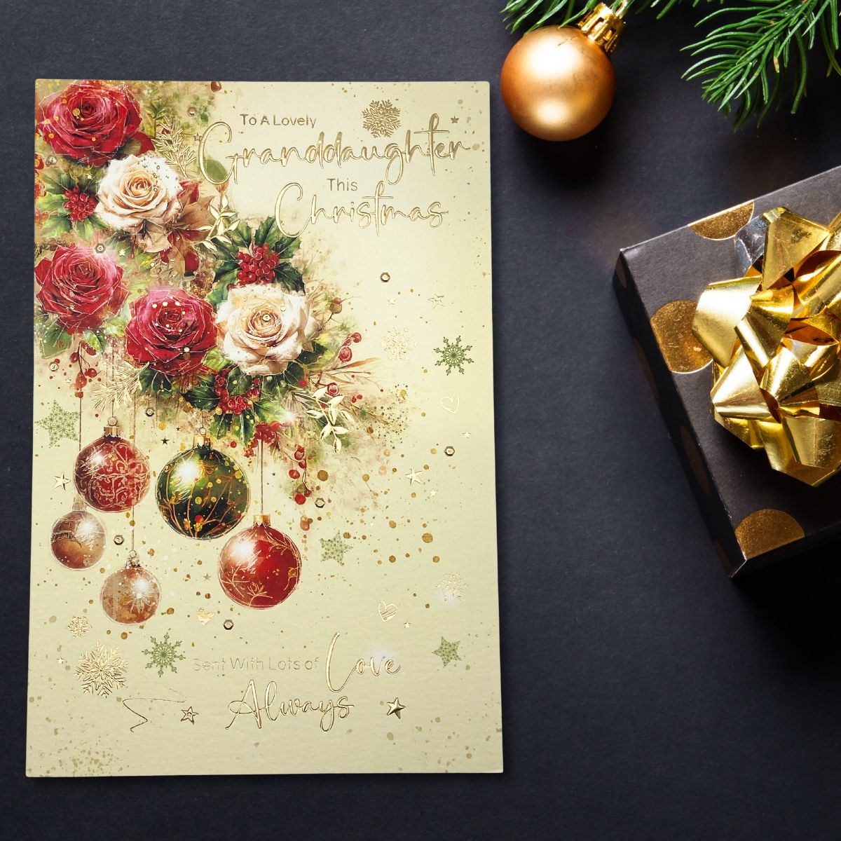 Granddaughter Christmas Card - Baubles & Roses