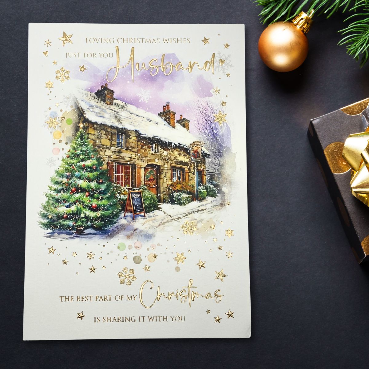 Husband Large Christmas Card - Snowy Pub Scene