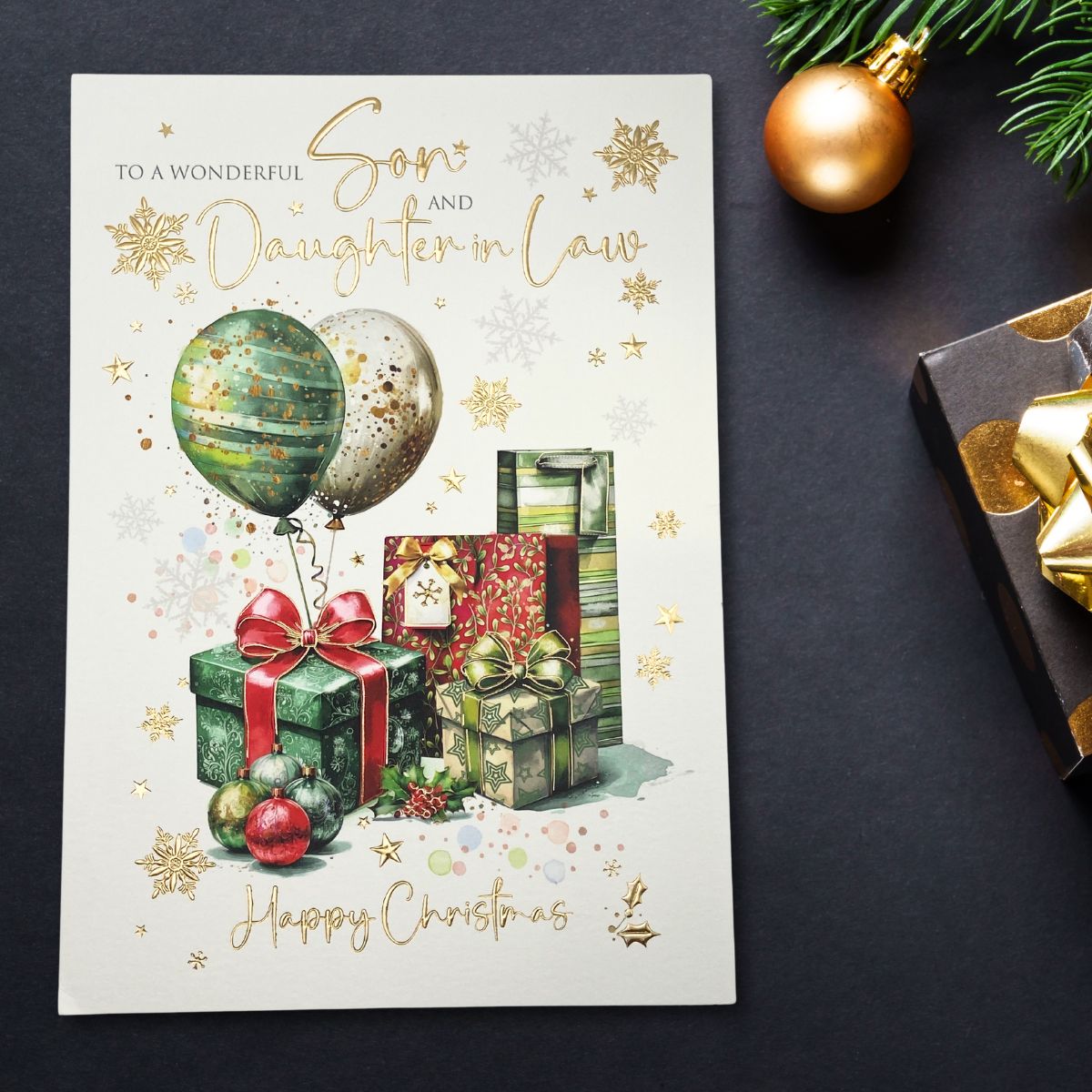 Son & Daughter-In-Law Large Christmas Card - Gifts & Balloons