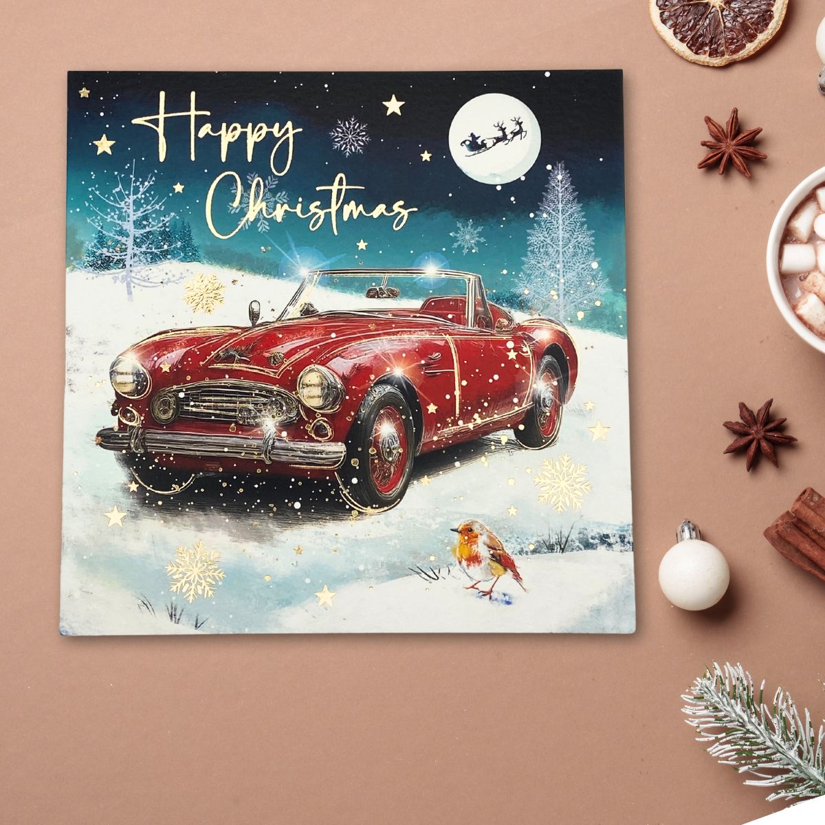Open Christmas Card - Red Car & Robin