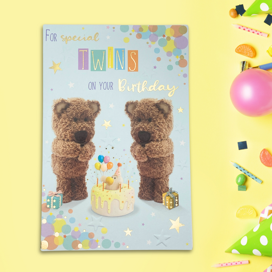 Twins Birthday Card - Barley Bears & Cake