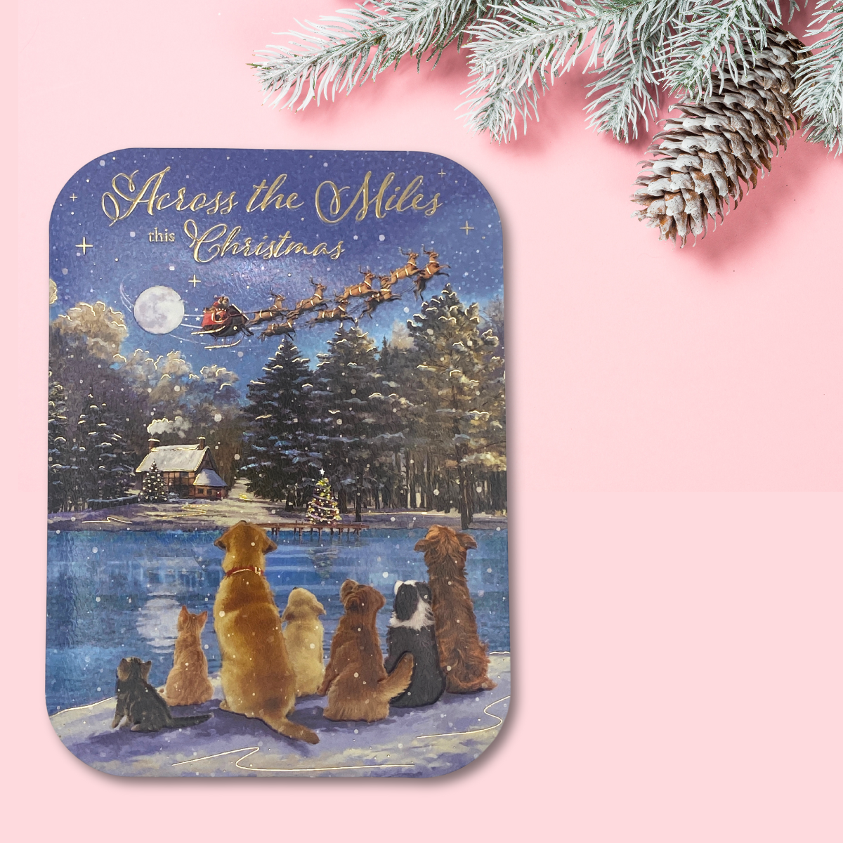 Across The Miles Christmas Card - Holographic Dogs Watching Santa