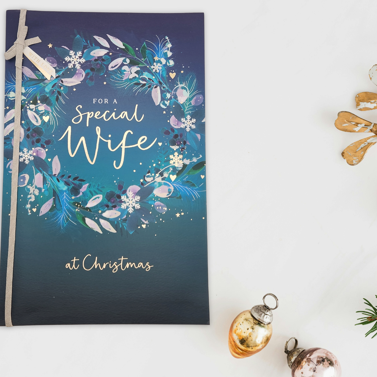 Wife Large Christmas Card - Teal Wreath