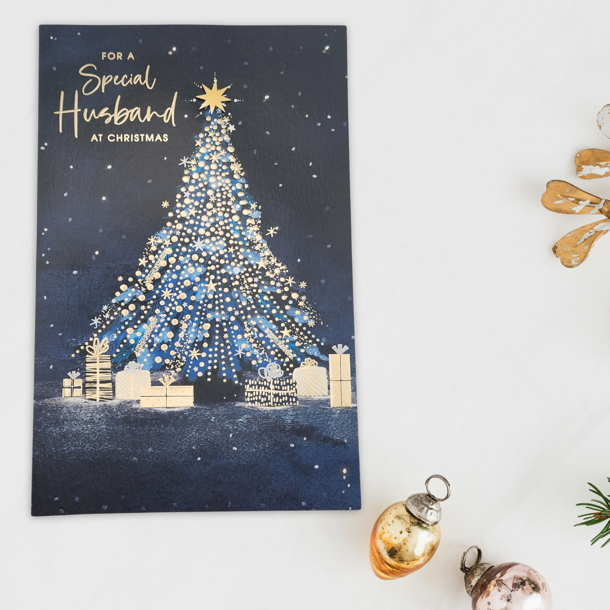 Husband Large Christmas Card - Blue & Gold Tree