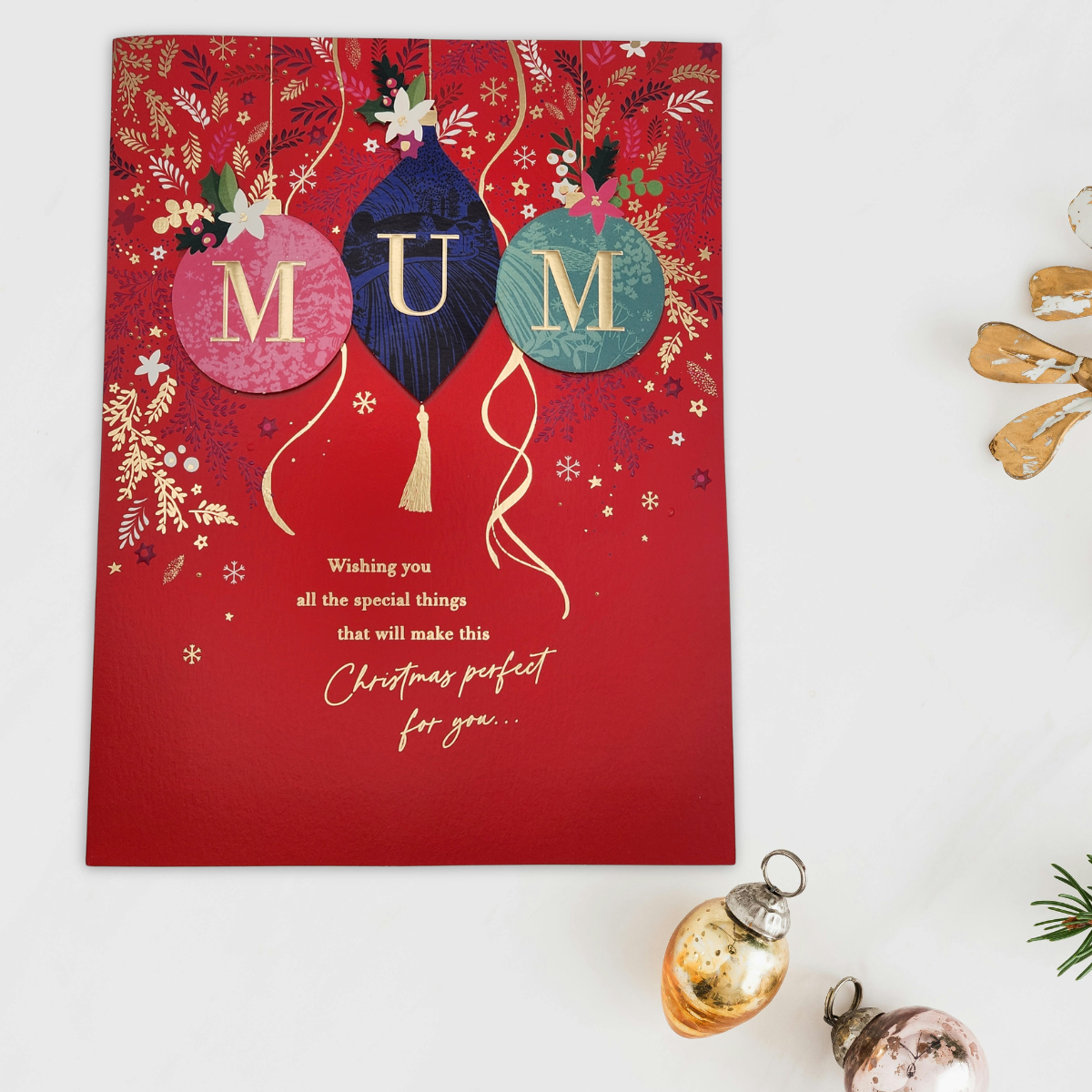 Mum Large Christmas Card - Decoupage Text & Baubles