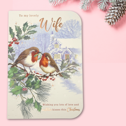 Wife Christmas Card - Robins On Snowy Branch