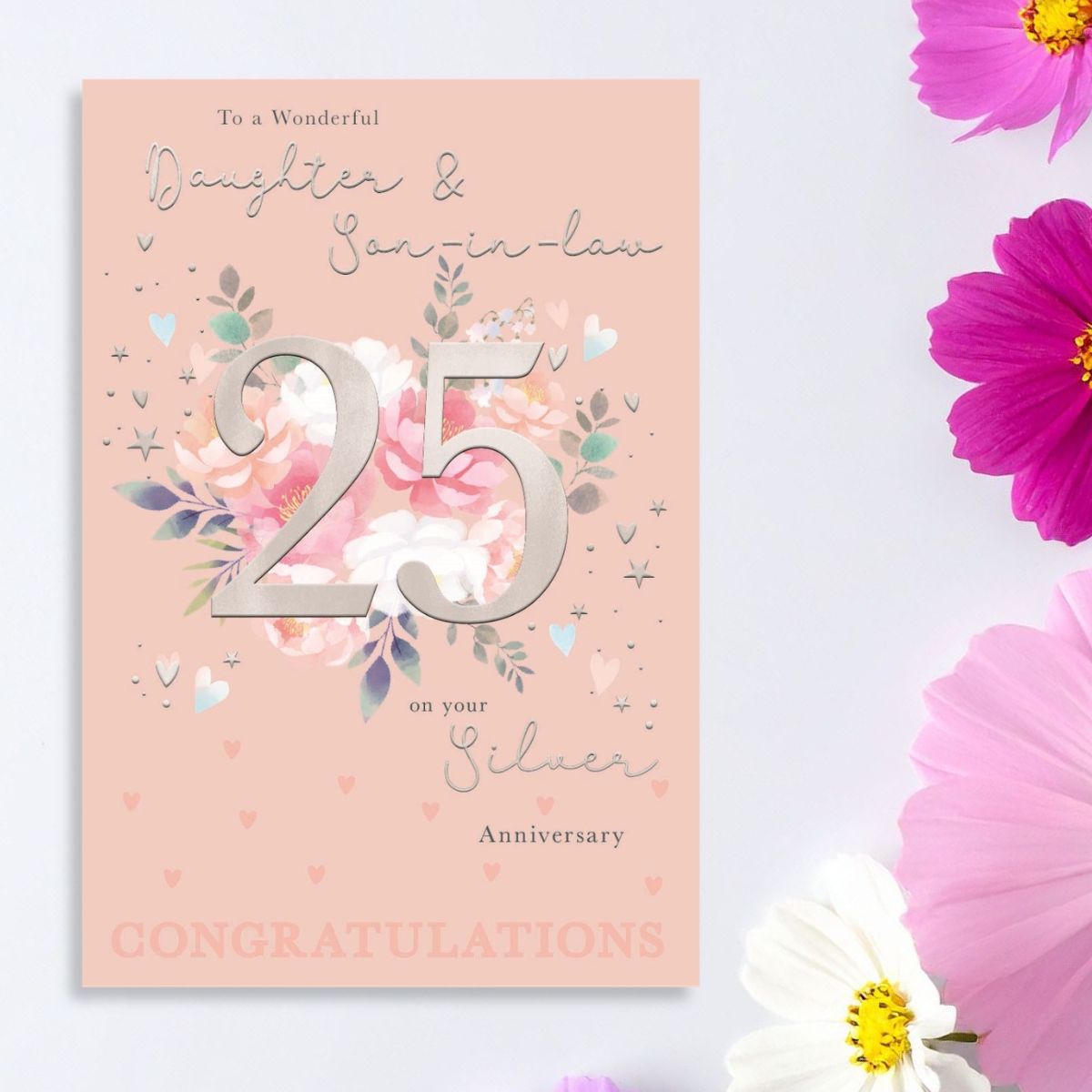 Daughter & Son-In-Law Silver Wedding Anniversary Card - 25th Sentiments Hearts
