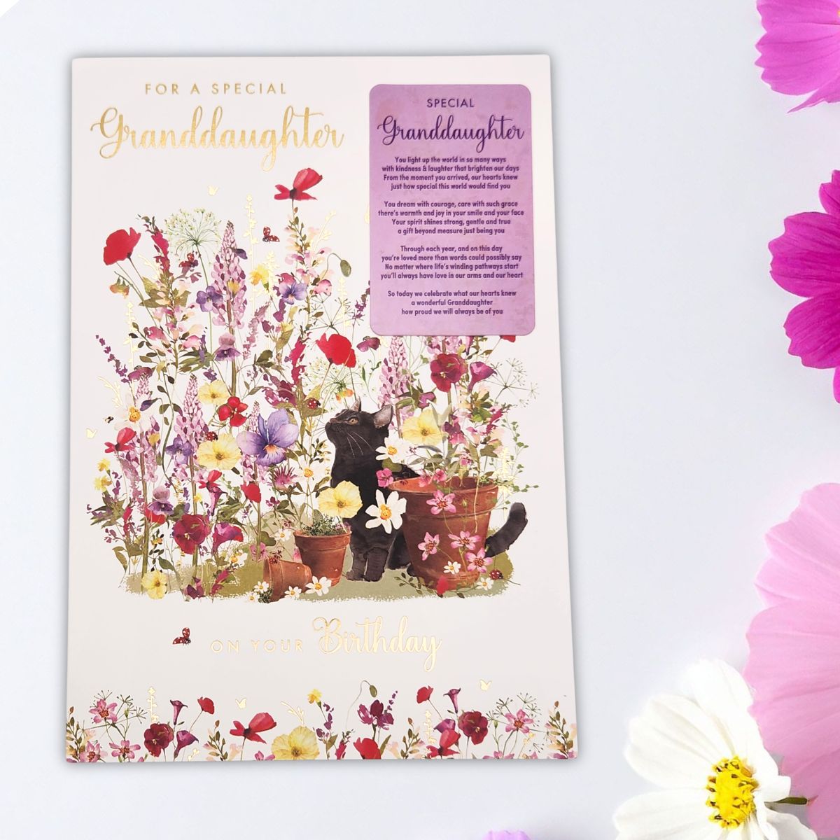 Granddaughter Birthday Card - Pizazz Wallet Card Cat Among The Flowers