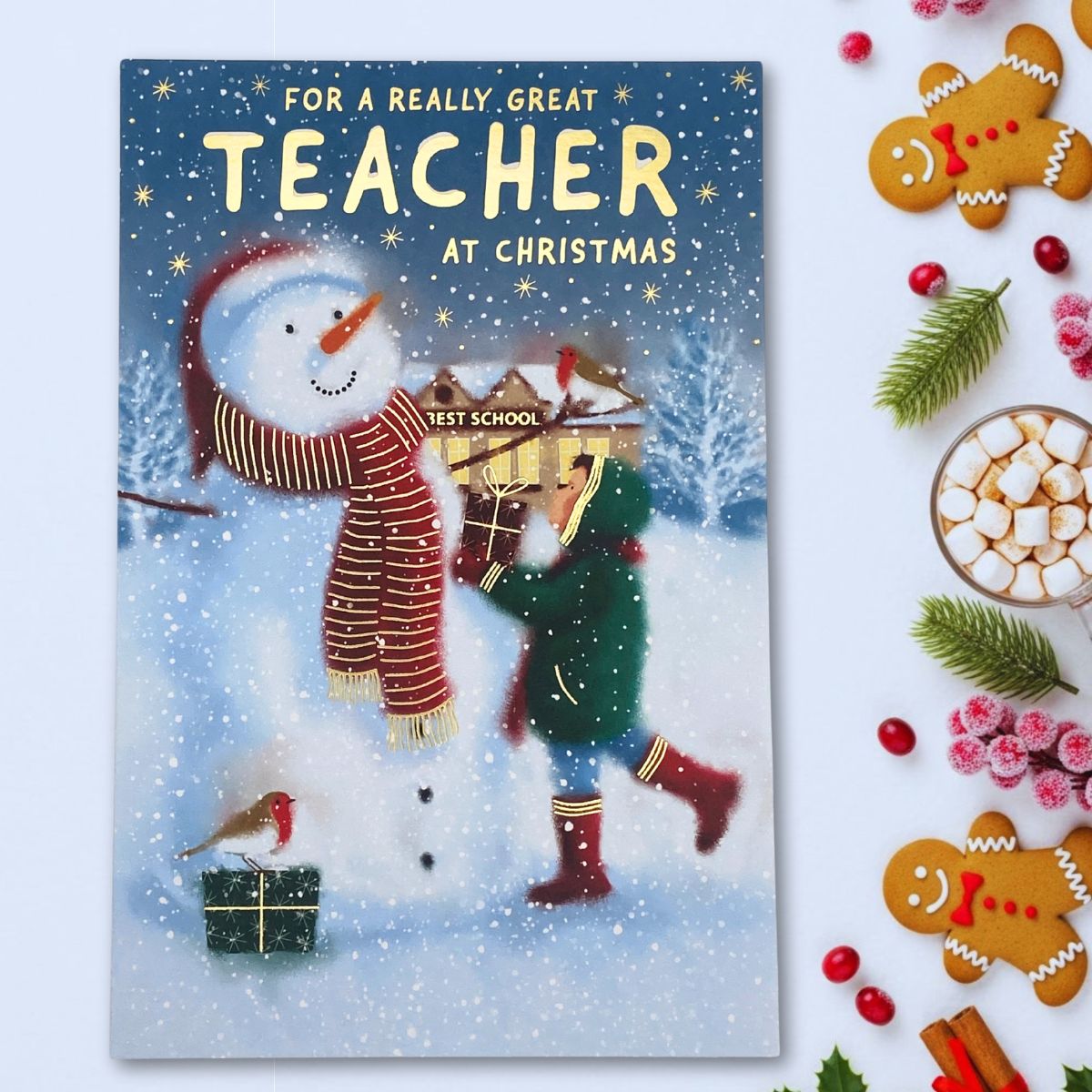 Teacher Christmas Card - School Snowman