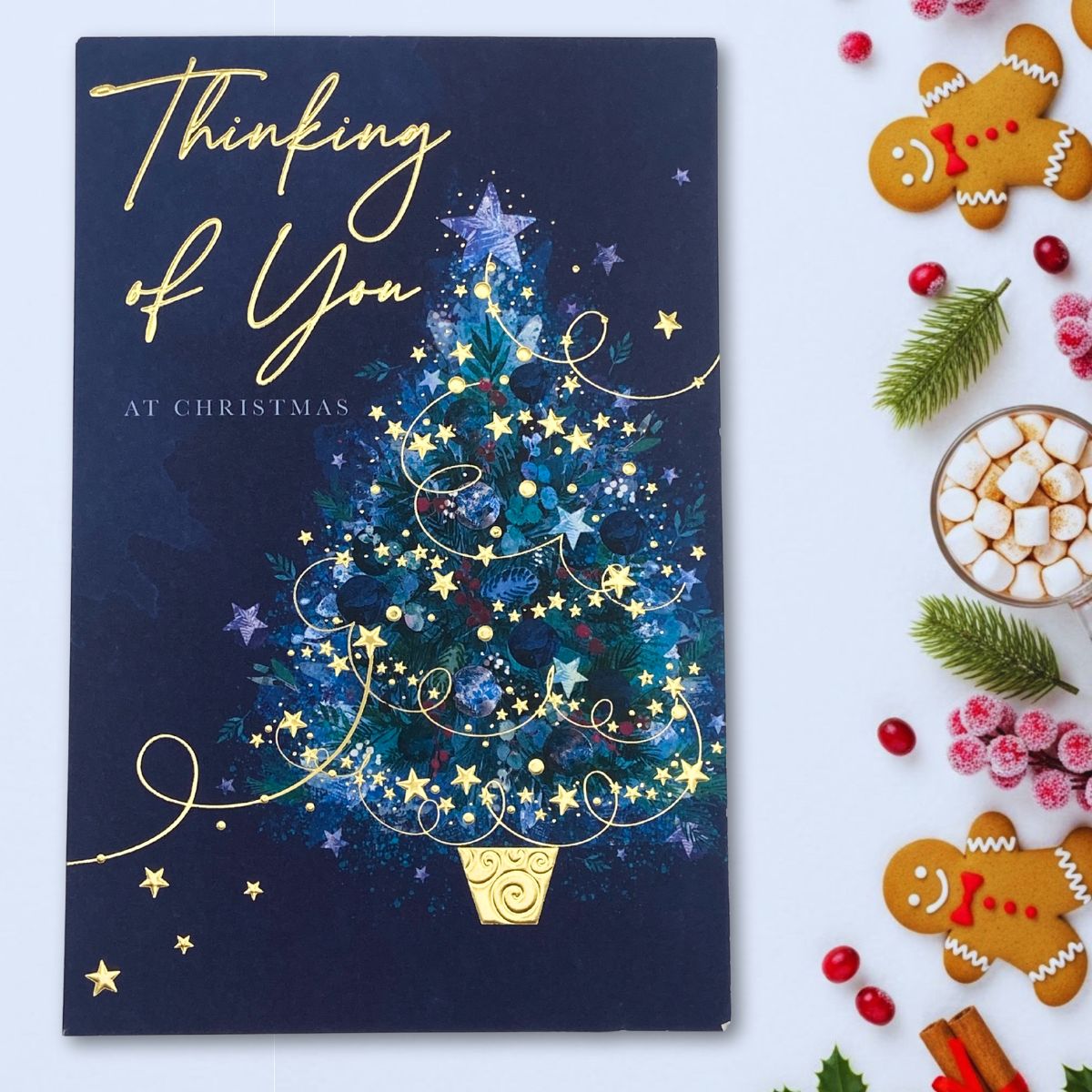 Thinking Of You Christmas Card - Blue & Gold Tree