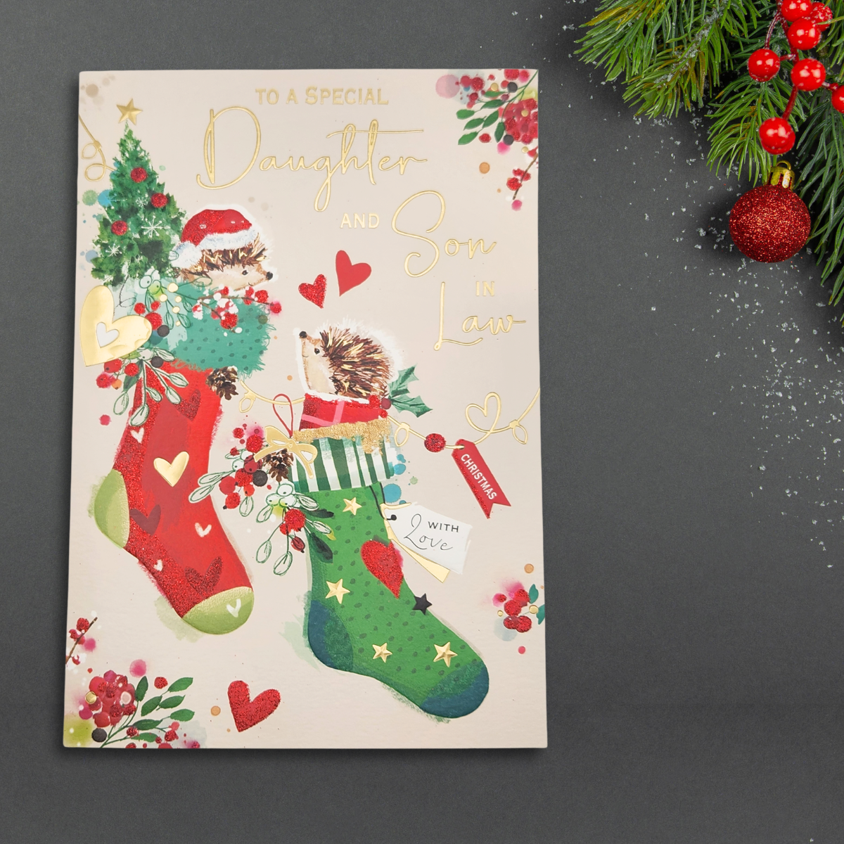 Daughter & Son-In-Law Christmas Card - Hedgehog Stockings